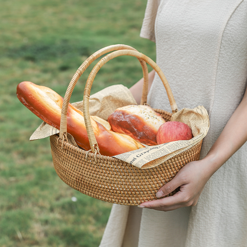 カゴバッグ 天然籐編み円形持ち手付きピクニック籠