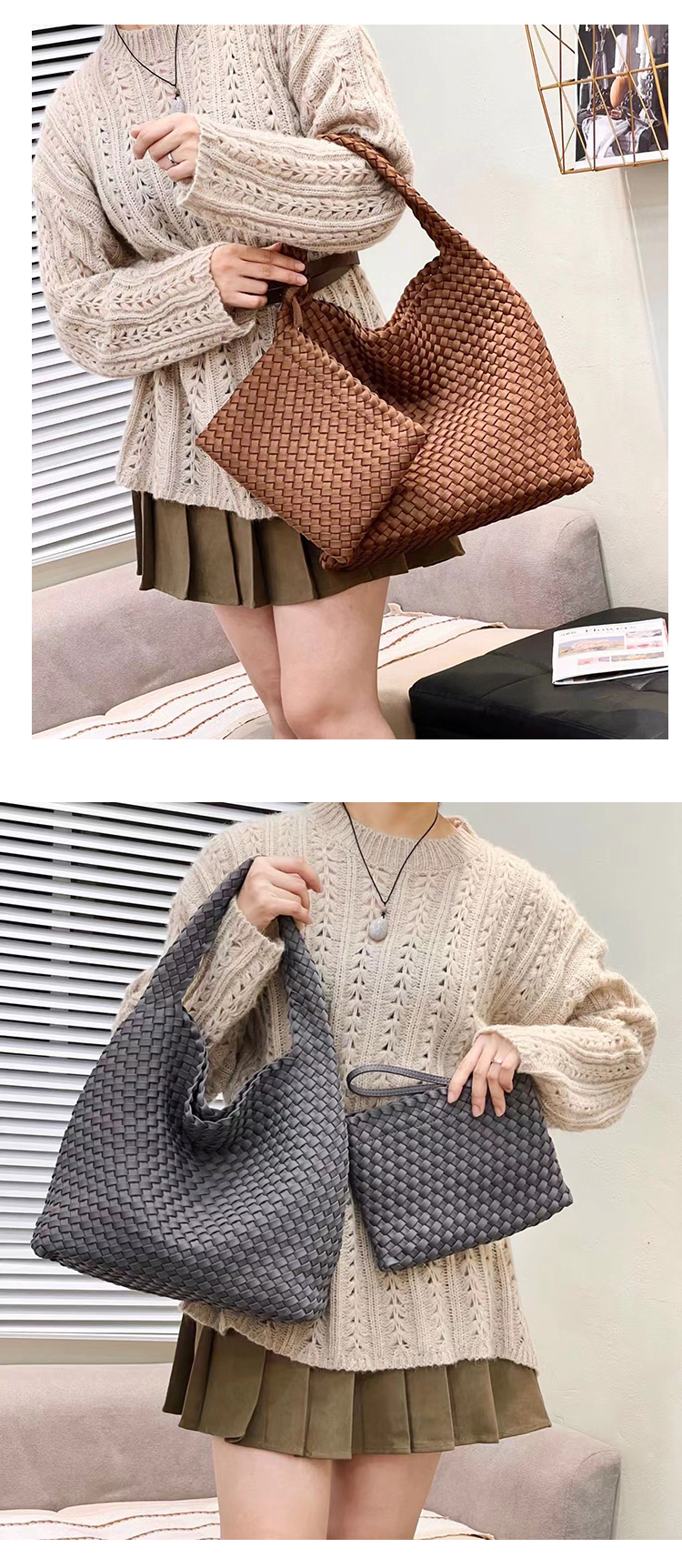カゴバッグ 編み込みデザイン大容量ハンドル付きかごバッグ