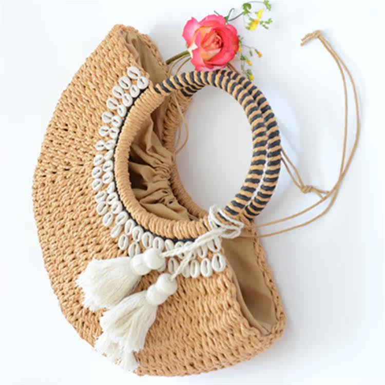 カゴバッグ 貝殻飾り付き丸型持ち手のタッセル装飾かごバッグ