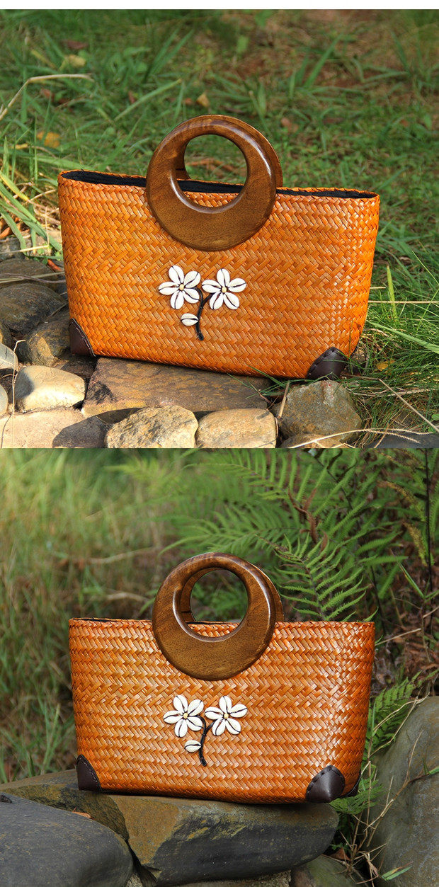 カゴバッグ 花モチーフ刺繍入り木製丸型持ち手カゴバッグ