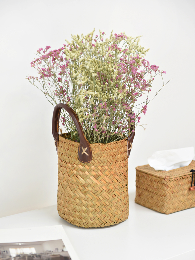 カゴバッグ 天然素材編み込み円筒型ハンドル付きバッグ