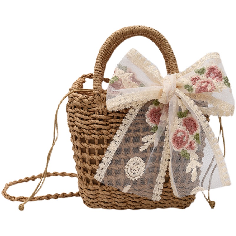 カゴバッグ 花柄リボン付き編み込みカゴバッグ