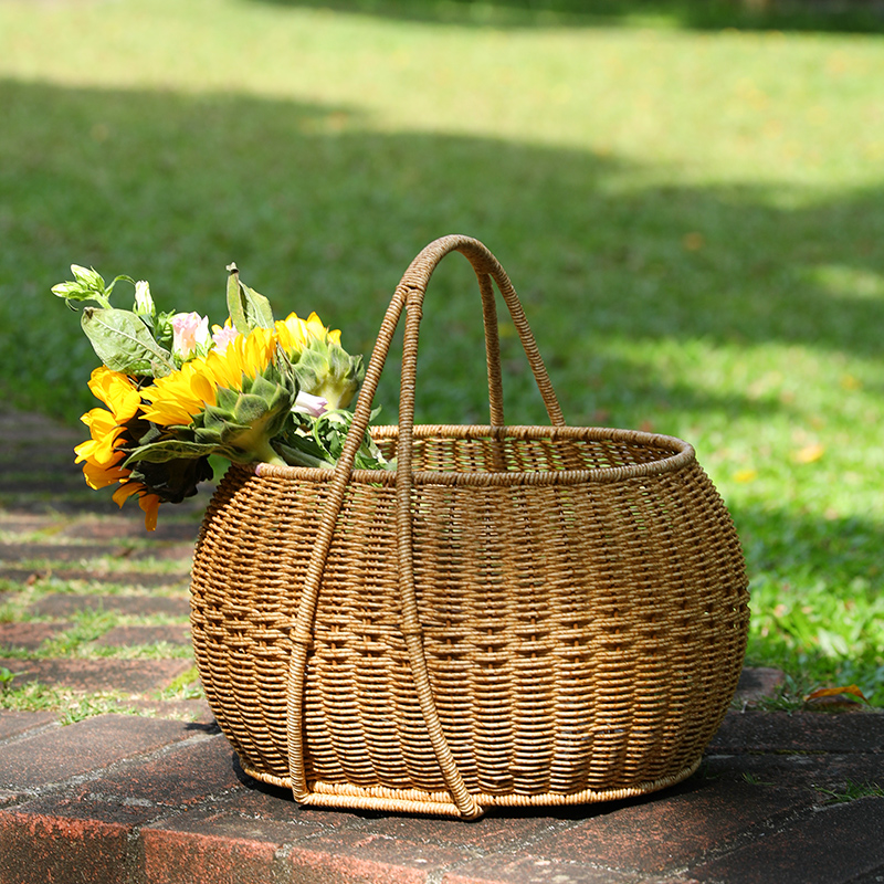 カゴバッグ 天然素材編み込み丸型ハンドル付きバスケット