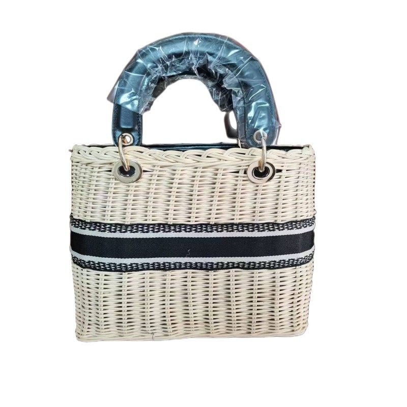 カゴバッグ 編み込みラタン製スクエア型ハンドバッグ