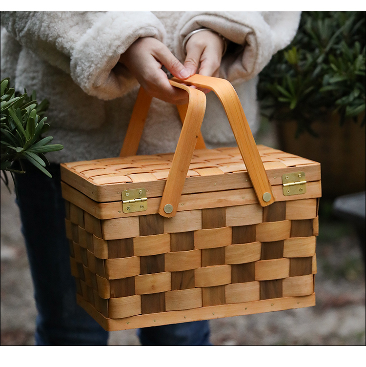 カゴバッグ 天然木編み込み蓋付きピクニック籠