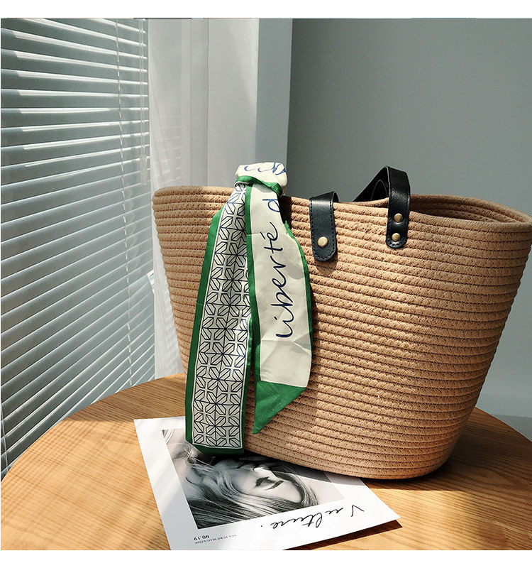 カゴバッグ スカーフ付き大容量編み込みトート