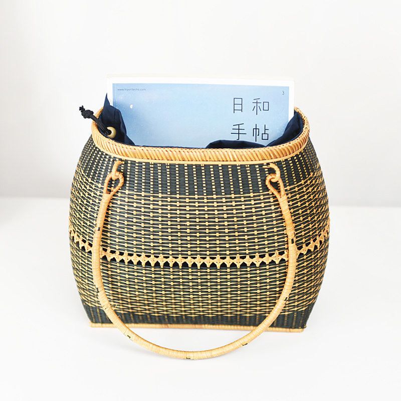 カゴバッグ 民族調幾何学模様編み込みハンドバッグ型かごバッグ