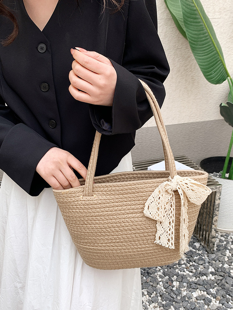 カゴバッグ レース編みリボン付き天然素材のカゴバッグハンドバッグ