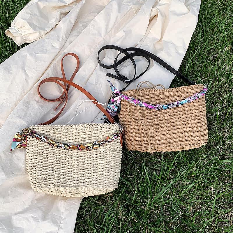 カゴバッグ スカーフ飾り付き編み込みハンドバッグ型かごバッグ