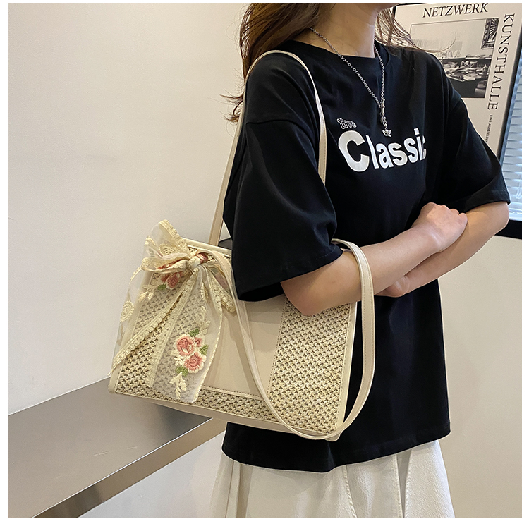 カゴバッグ 花柄リボン付きメッシュ編みトート型かごバッグ