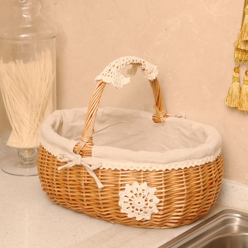 カゴバッグ 手編み籐製レース飾り付きハンドバッグ型かご
