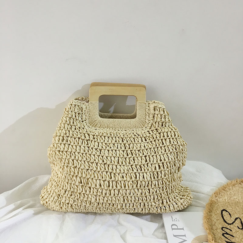 カゴバッグ 木製ハンドル付き手編み台形カゴバッグ