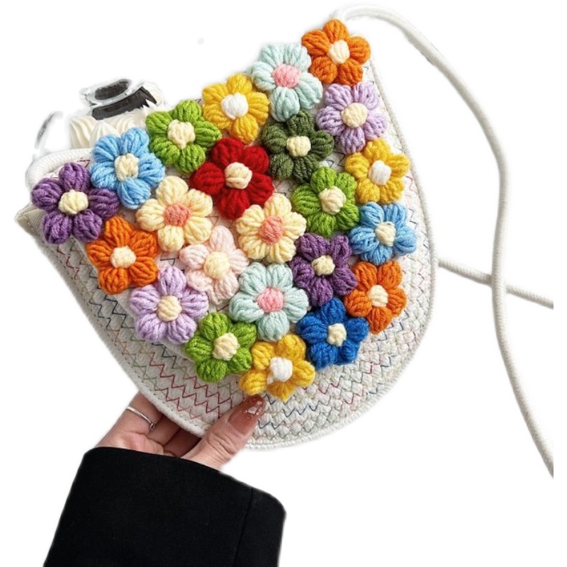 カゴバッグ 花モチーフ刺繍円形ショルダーかごバッグ