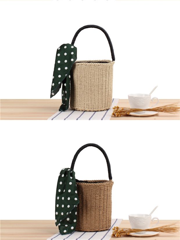 カゴバッグ 天然素材編み込みバケット型リボン付きかごばっぐ