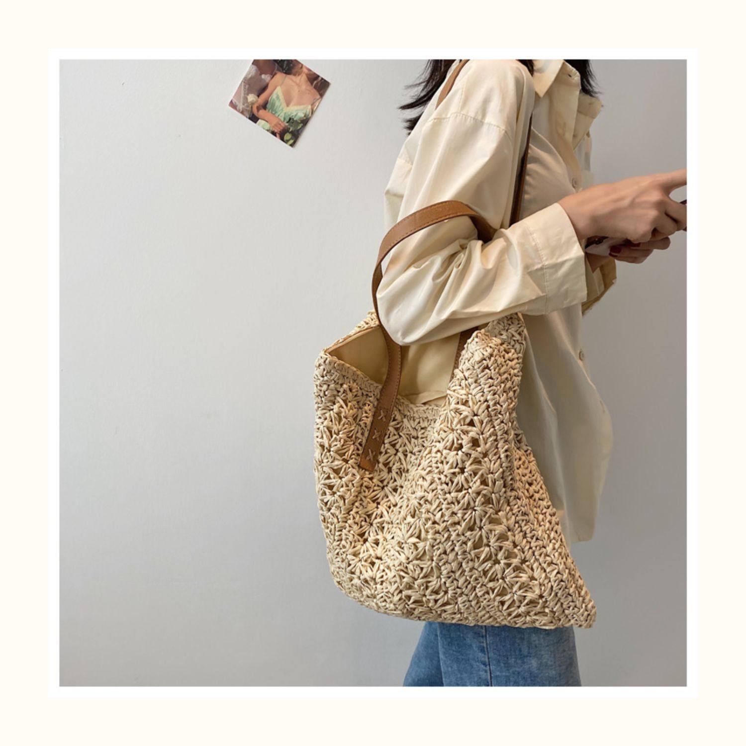 カゴバッグ 手編み風透かし編みの軽量トート型かごバッグ