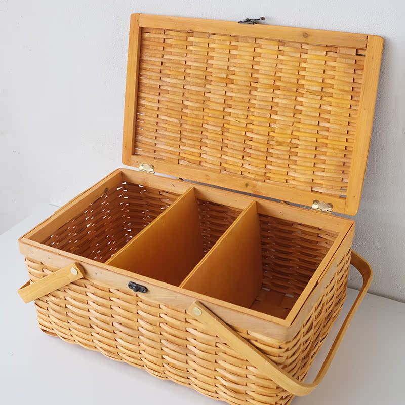 カゴバッグ 手作り風編み込み木製取っ手付きピクニック籠