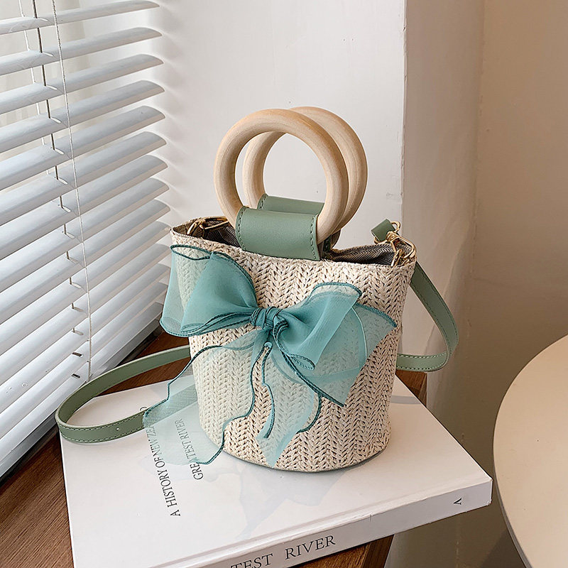 カゴバッグ 木製持ち手のバケツ型シフォンリボン付きカゴバッグ