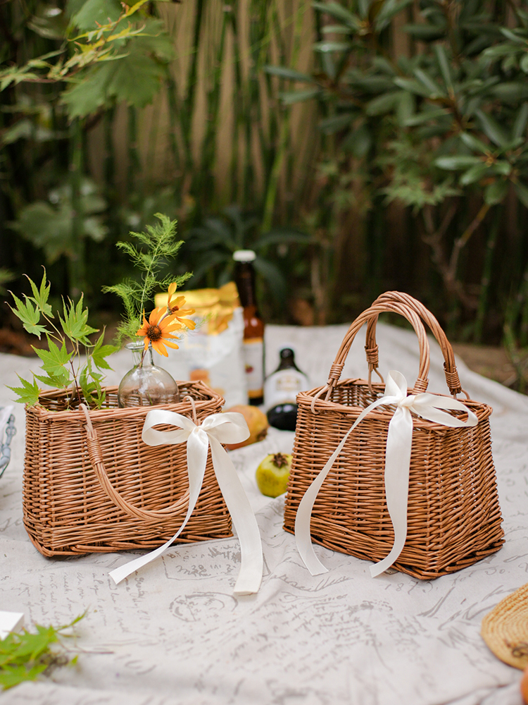 カゴバッグ 天然籐編み四角型持ち手付きカゴバッグ