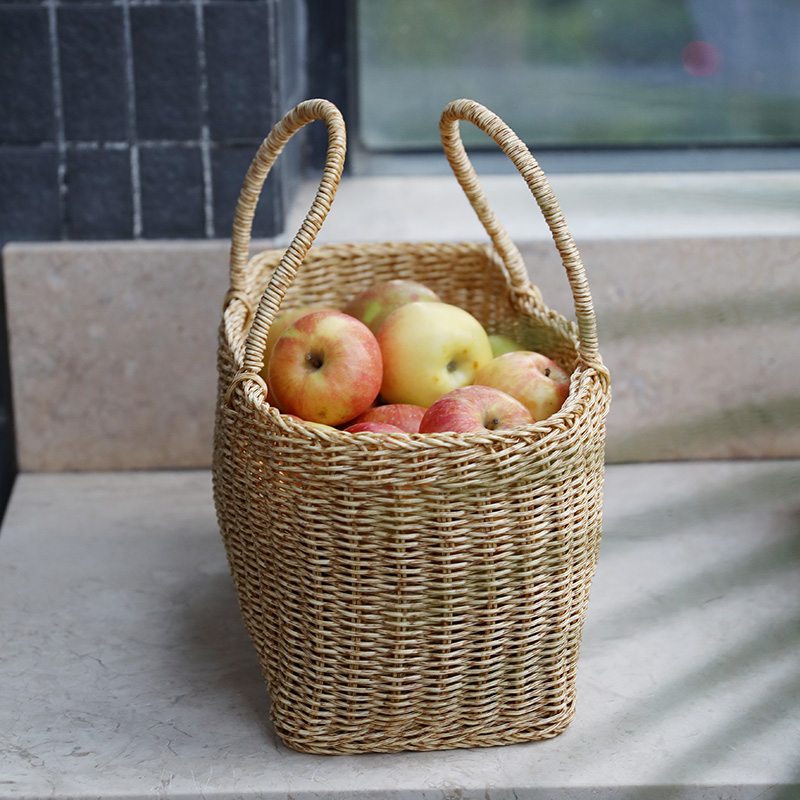 カゴバッグ 天然素材編み込み四角型持ち手付きかご