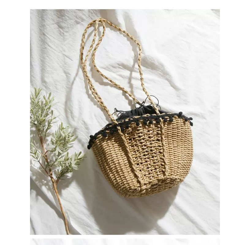 カゴバッグ 天然素材編み込みフリル付き肩掛けかごバッグ