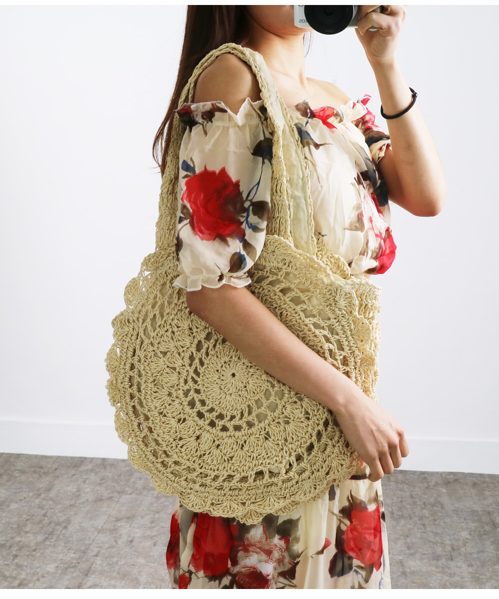 カゴバッグ 手編み風かぎ針編み円形ショルダーカゴバッグ