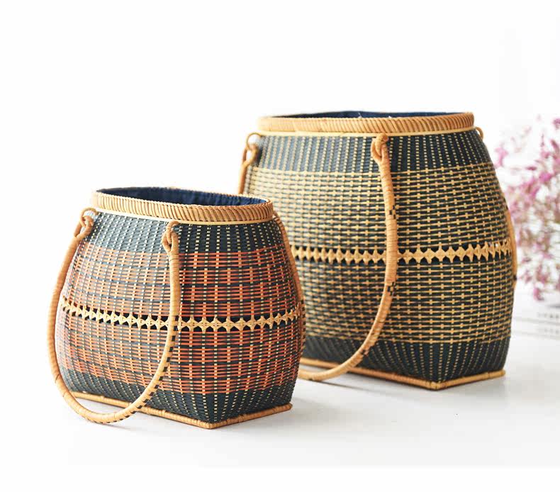 カゴバッグ 民族調幾何学模様編み込みハンドバッグ型かごバッグ