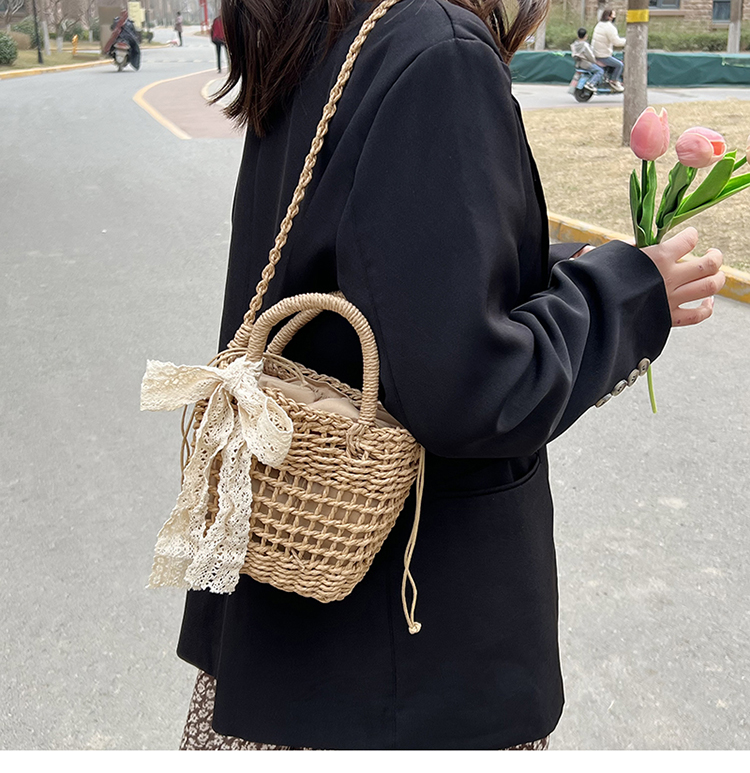 カゴバッグ 花柄リボン付き編み込みカゴバッグ