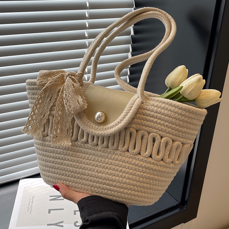 カゴバッグ レース装飾付きペーパーカゴトート