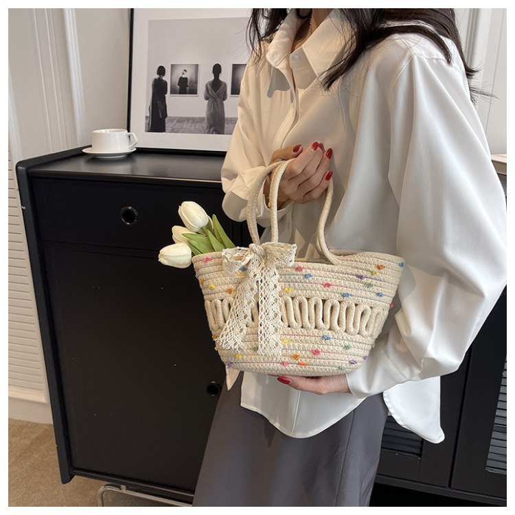 カゴバッグ 麦わら編みレースリボンかごバッグ