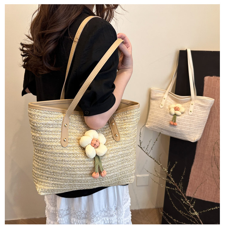 カゴバッグ 花モチーフ付き編み目トートバッグ