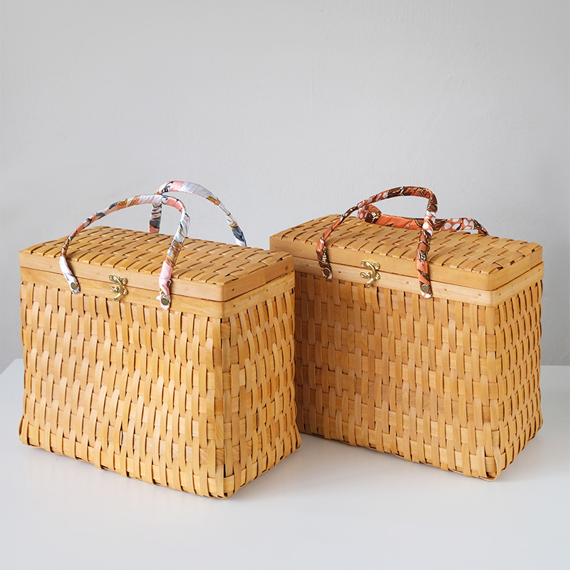 カゴバッグ 天然素材編み込み蓋付きピクニックかごばん