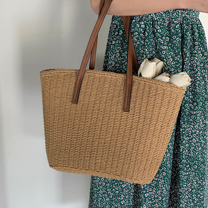 カゴバッグ 巾着内袋付き大容量編み込みトート型カゴバッグ