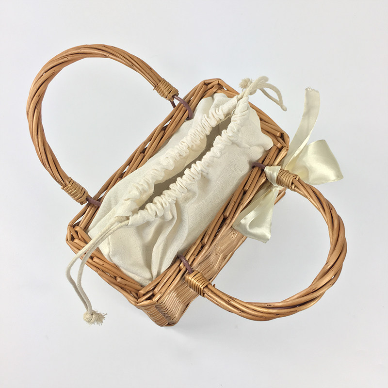 カゴバッグ リボン付き籐編みハンドバッグ型カゴバッグ