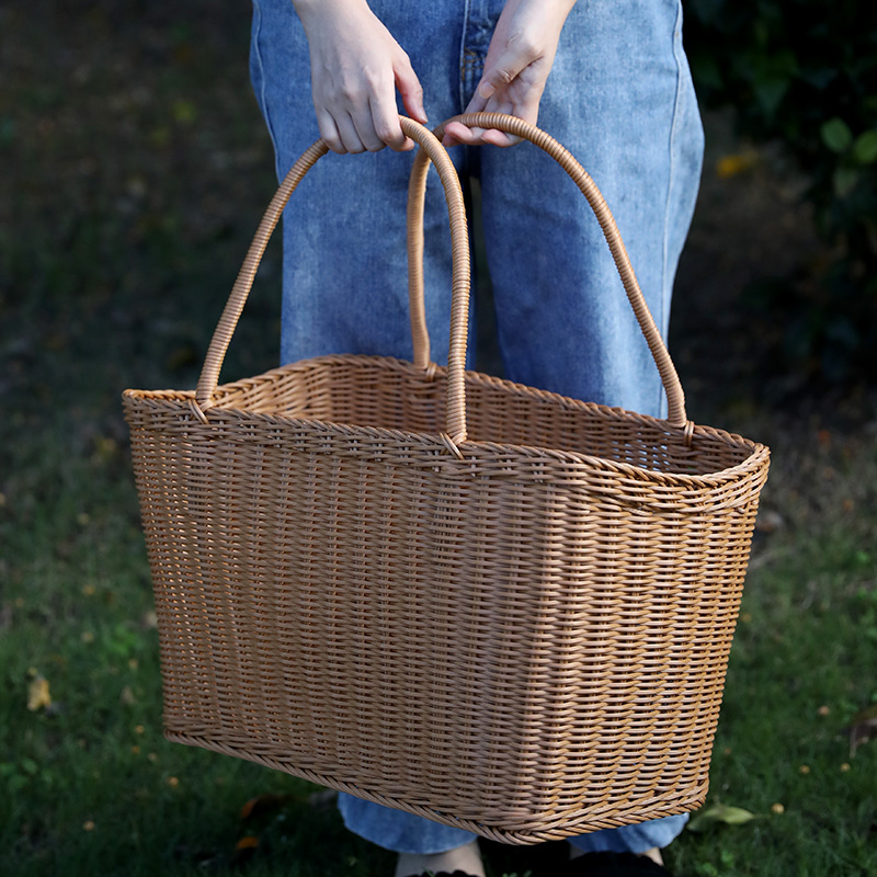 カゴバッグ 手編み籐製四角型持ち手付きかごばっぐ