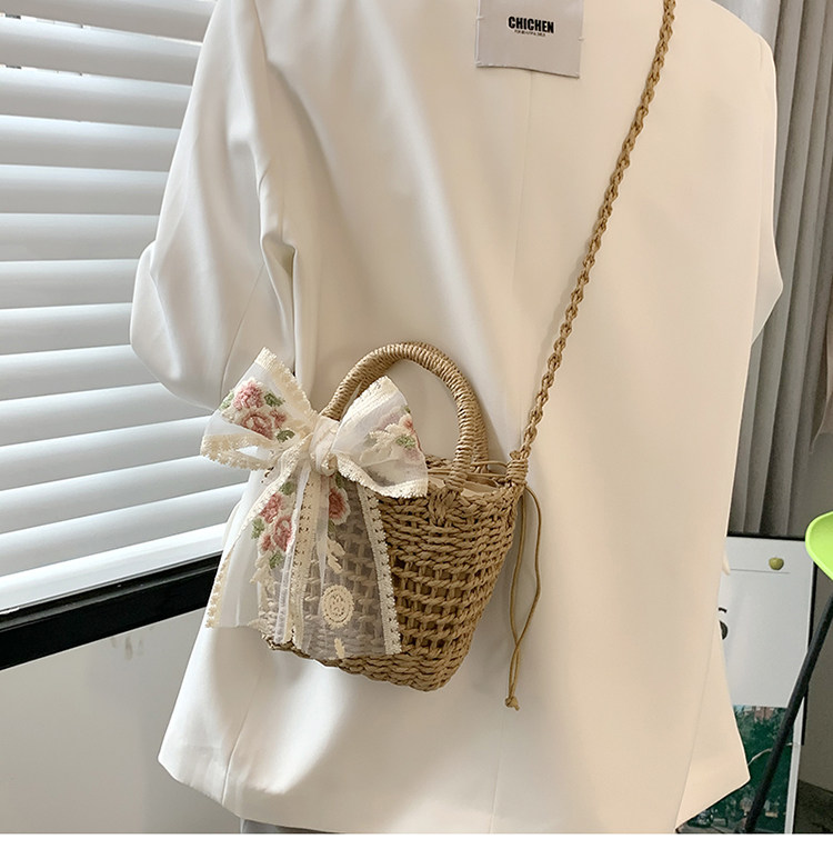 花柄刺繍リボン付き巾着型カゴバッグ