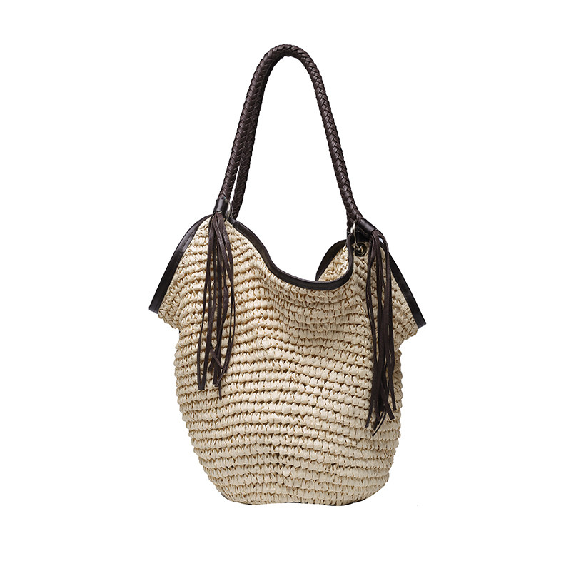 カゴバッグ 編み込みフリンジ付き丸みトート型カゴバッグ