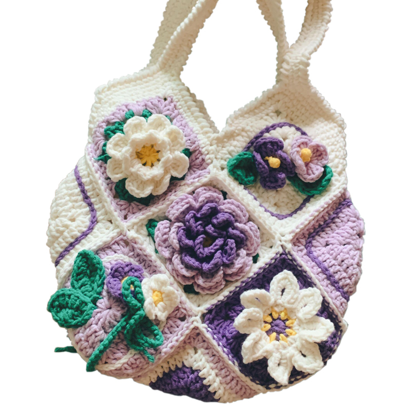 カゴバッグ 手編み花柄モチーフかぎ針編みトートバッグ
