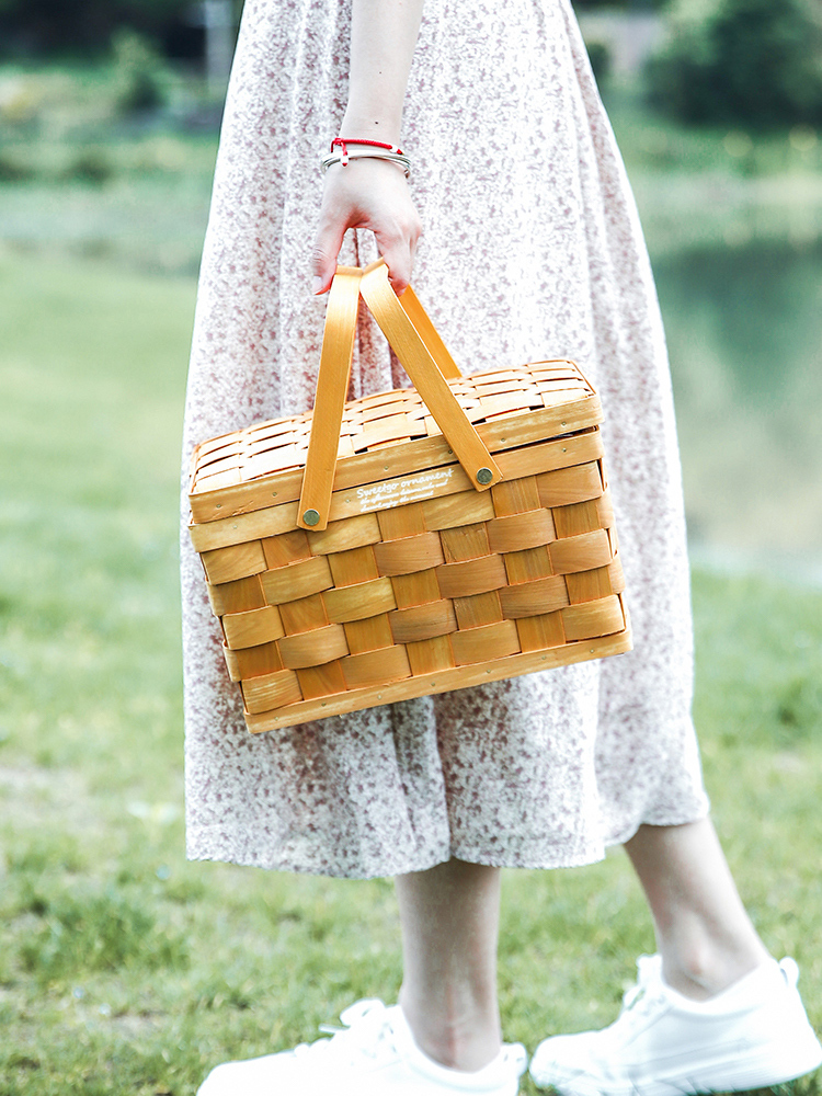 カゴバッグ 天然素材編み込み蓋付きピクニック収納籠