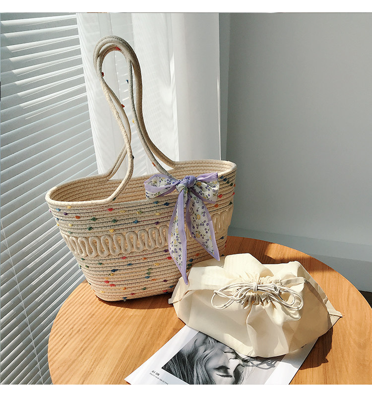 カゴバッグ 花柄リボン付き縄編み大容量かごバッグ