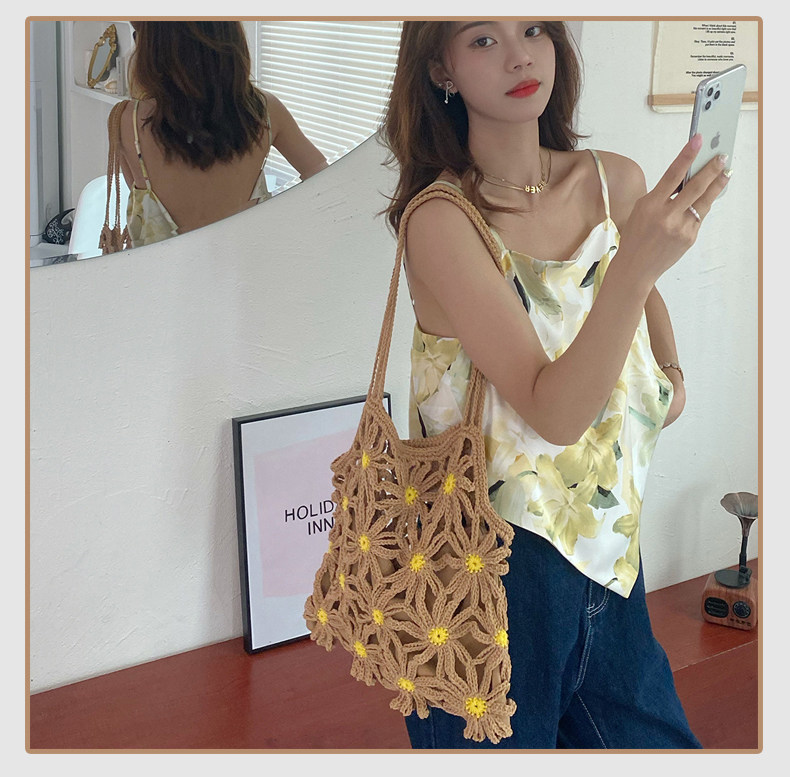 カゴバッグ 花モチーフ編み込みカゴバッグショルダー