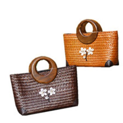 カゴバッグ 花モチーフ刺繍入り木製丸型持ち手カゴバッグ