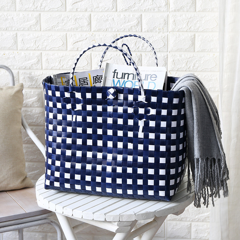 カゴバッグ 市松模様の編み込み大容量トート型かごバッグ