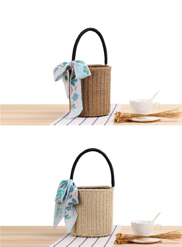 カゴバッグ 天然素材編み込みバケット型リボン付きかごばっぐ
