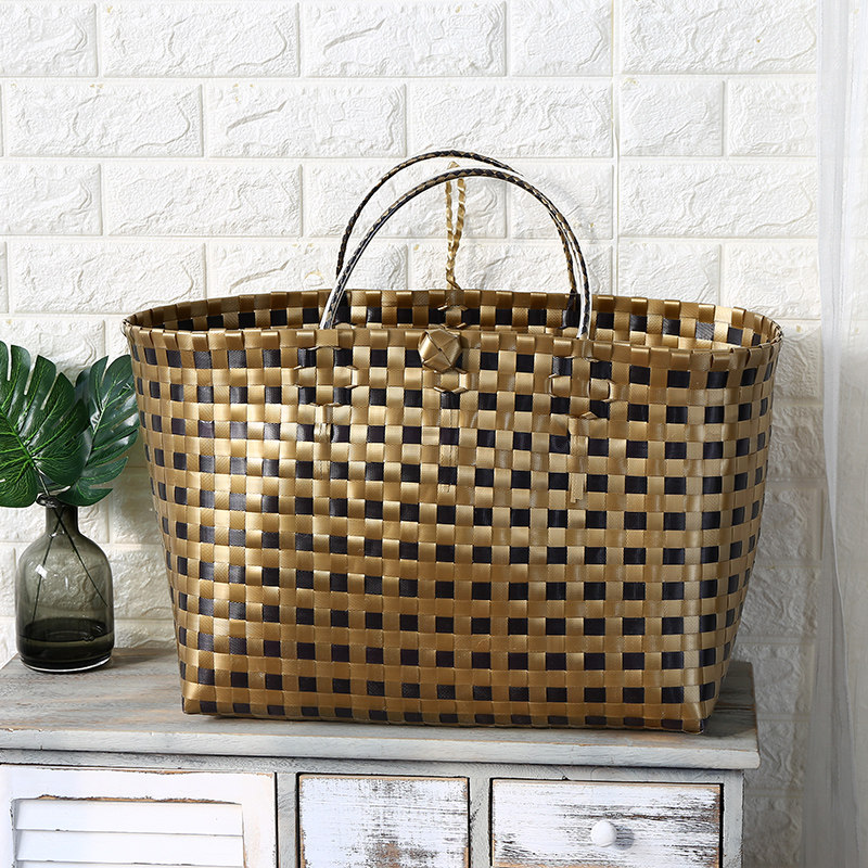 カゴバッグ 市松模様の編み込み大容量トート型かごバッグ