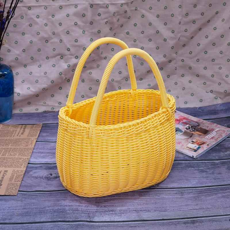 カゴバッグ 手編み風籐製ハンドル付きバスケット型かばん