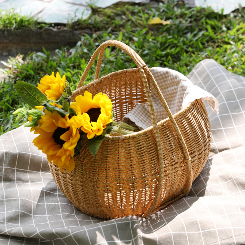 カゴバッグ 天然素材編み込み丸型ハンドル付きバスケット