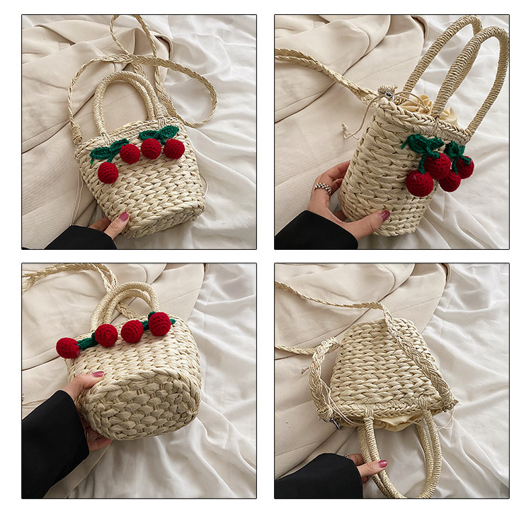 カゴバッグ さくらんぼ刺繍付き丸型カゴバッグ