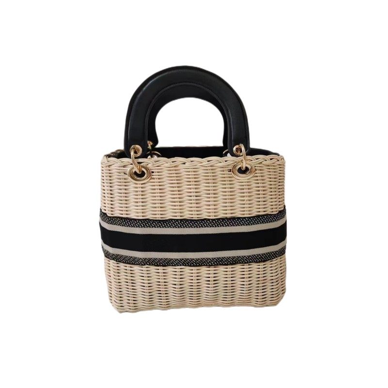 カゴバッグ 編み込みラタン製スクエア型ハンドバッグ