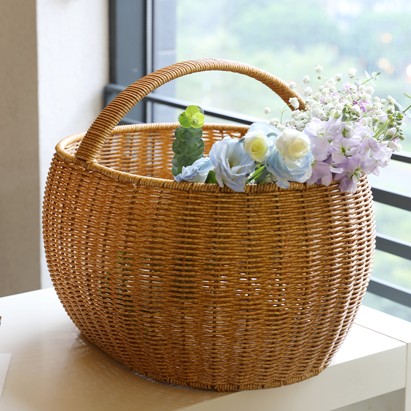 カゴバッグ 天然籐編み丸型持ち手付きカゴバッグ