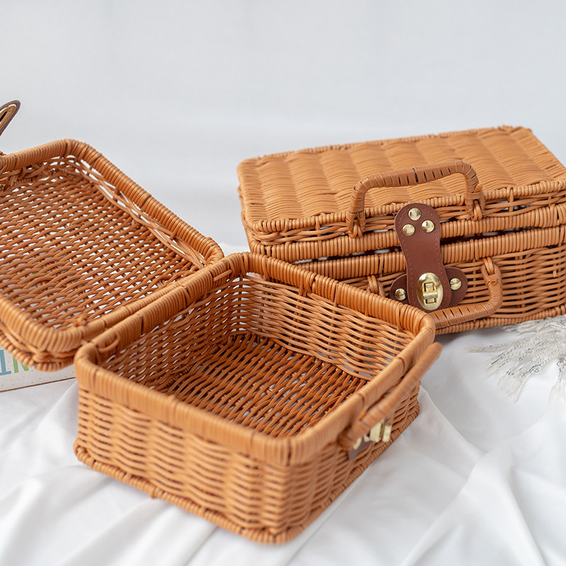カゴバッグ 蓋付き籐編みボックス型カゴバッグハンドバッグ